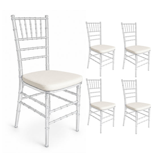 Paquete de 5 Sillas MODAMOB modelo Tiffany, 161cm x 40cm x 46cm, 25 kg, incluye asiento acolchado, color cristal
