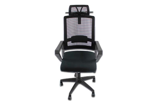 Silla gerencial MODAMOB, modelo IRIS, respaldo y cabecera de malla, piston de gas C3 120Kg, reposabrazos, soporte lumbar, color gris/negro
