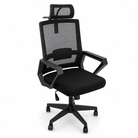 Silla gerencial MODAMOB, modelo IRIS, respaldo y cabecera de malla, piston de gas C3 130Kg, reposabrazos, soporte lumbar, color gris/negro