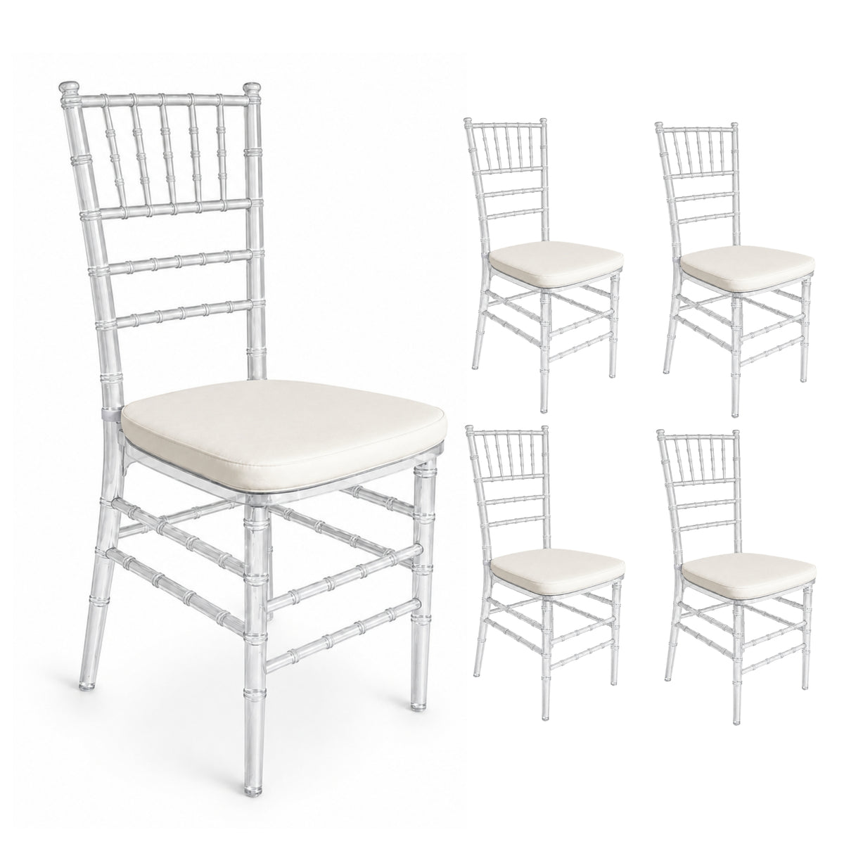 Paquete de 5 Sillas MODAMOB modelo Tiffany, 161cm x 40cm x 46cm, 25 kg, incluye asiento acolchado, color cristal