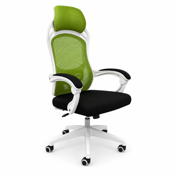 Silla Gerencial MODAMOB, modelo ORION, Respaldo tipo Mesh, Piston De Gas C3 120kg, Base Blanca Con 5 Ruedas, Color verde con negro