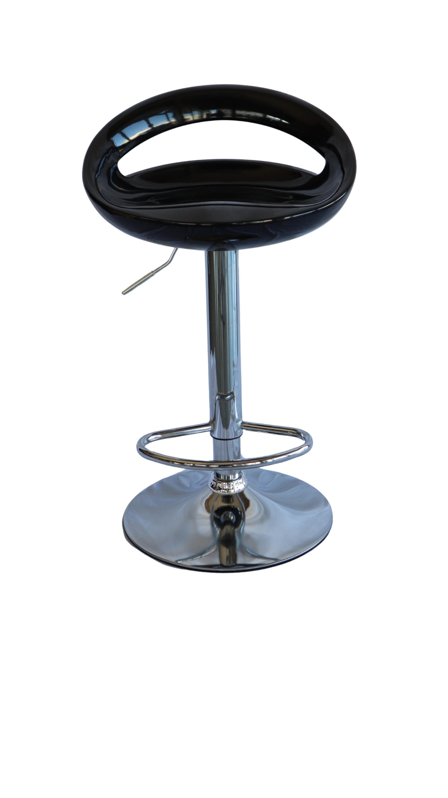 Banco para barra MODAMOB, modelo Obsidian, base cromada, piston nivelacion altura, color negro.