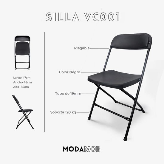 PACK 5 Sillas plegables MODAMOB RAVEN, Reforzadas, 47cmx45cmx82cm, tubo 19mm, negras, hasta 120kg